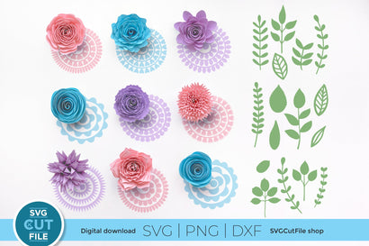 Rolled paper flowers svg bundle with rolled rose and foliage leaves SVG SVG Cut File 