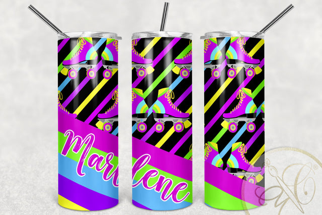 Roller Skate 20oz Skinny Tumbler Sublimation/ Retro/ 80’s, 90’s/ Neon/ Black BG Sublimation Marlene Campos 