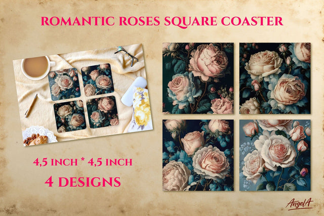 Romantic roses square coaster sublimation designs bundle PNG Sublimation Angelina Semenova 