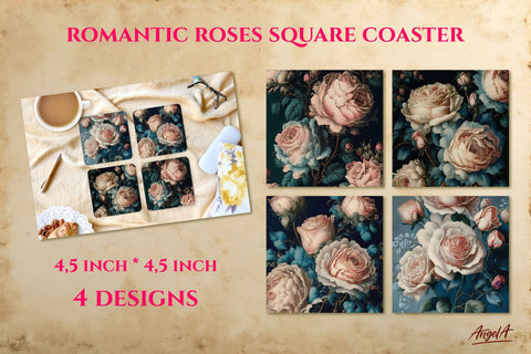 Romantic roses square coaster sublimation designs bundle PNG Sublimation Angelina Semenova 