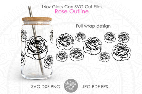 Rose Can Glass SVG with rose outline SVG Artisan Craft SVG 