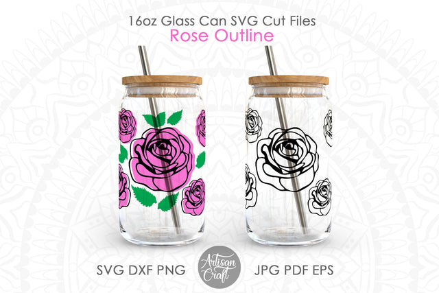 Rose Can Glass SVG with rose outline SVG Artisan Craft SVG 