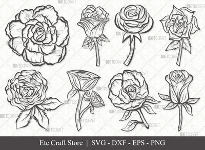 Rose Flower Outline SVG Cut Files | Rose Flower Clipart Bundle | Rose Flower Outline | Vector Cutting files | Floral SVG | Eps | Dxf | Png | SVG ETC Craft 
