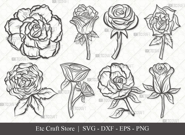 Rose Flower Outline SVG Cut Files | Rose Flower Clipart Bundle | Rose Flower Outline | Vector Cutting files | Floral SVG | Eps | Dxf | Png | SVG ETC Craft 