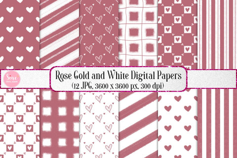 Rose Gold and White Valentines Digital Papers Backgrounds Set Digital Pattern SineDigitalDesign 