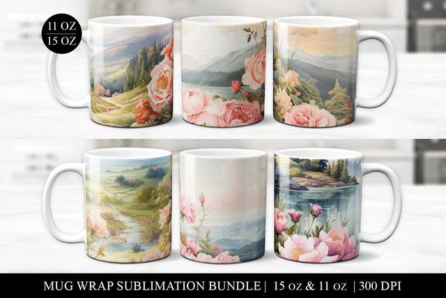 Rose Mug Sublimation Bundle - 6 Floral Mug Wrap PNG Files Sublimation BijouBay 