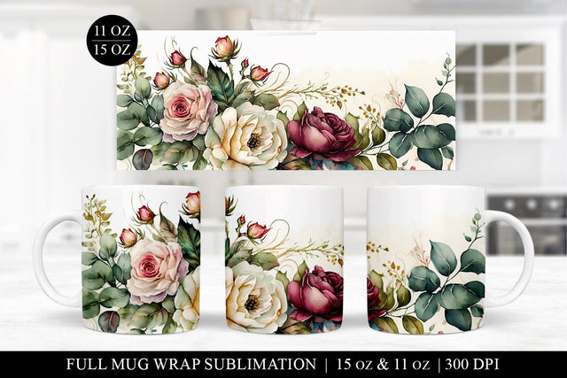 Rose Mug Sublimation Design - Floral Mug Wrap PNG Sublimation BijouBay 