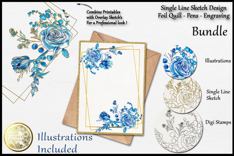 Roses and Berries - Single line for Foil Quill | Digi Stamp | illustrations | Bundle Sketch DESIGN DrawnTogether with love 
