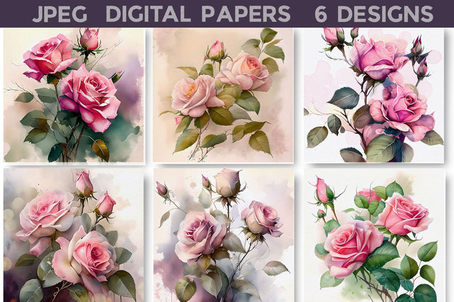 Roses Digital Papers | Pink Rose Background Digital Pattern WatercolorColorDream 