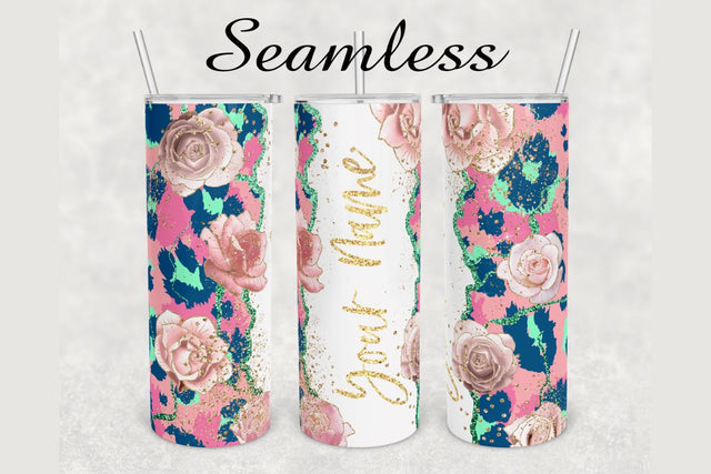 Roses Leopard Glitter Agate Tumbler sublimation design 20 oz skinny tumbler wrap Sublimation BambinaCreations 