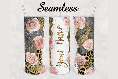 Roses Leopard Gold Glitter Agate Tumbler sublimation design 20 oz skinny tumbler wrap Sublimation BambinaCreations 