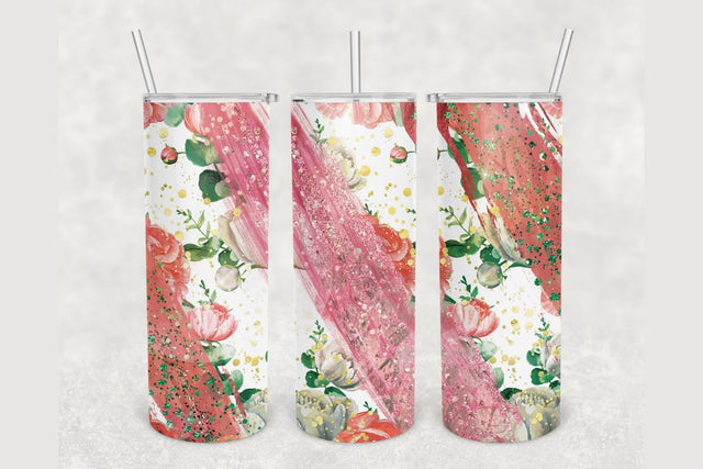 Roses Pink Glitter Brush Tumbler sublimation design 20 oz skinny tumbler wrap Sublimation BambinaCreations 