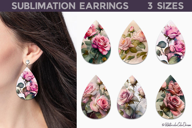 Roses Teardrop Earrings Bundle | Pink Rose Earrings Sublimation WatercolorColorDream 