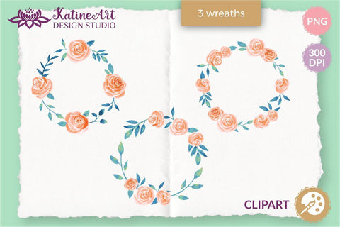 Roses watercolor illustrations peach and navy clipart set. Sublimation KatineArt 