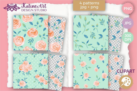 Roses watercolor illustrations peach and navy clipart set. Sublimation KatineArt 