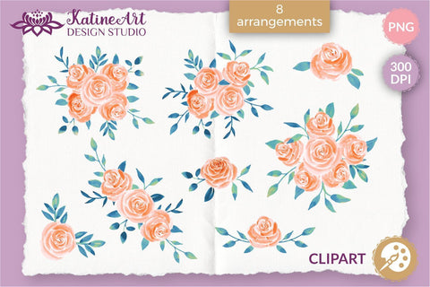 Roses watercolor illustrations peach and navy clipart set. Sublimation KatineArt 