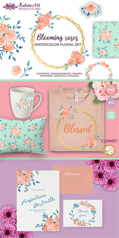 Roses watercolor illustrations peach and navy clipart set. Sublimation KatineArt 