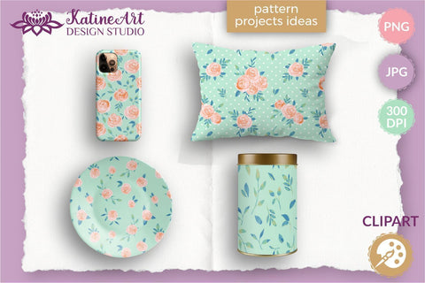 Roses watercolor illustrations peach and navy clipart set. Sublimation KatineArt 