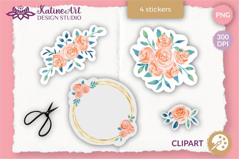 Roses watercolor illustrations peach and navy clipart set. Sublimation KatineArt 