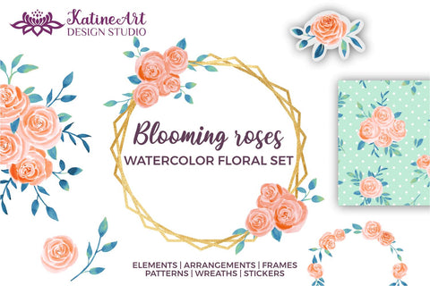 Roses watercolor illustrations peach and navy clipart set. Sublimation KatineArt 