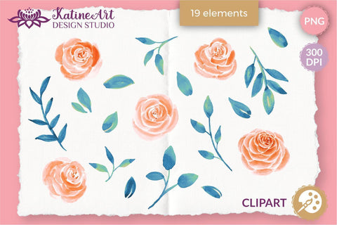 Roses watercolor illustrations peach and navy clipart set. Sublimation KatineArt 