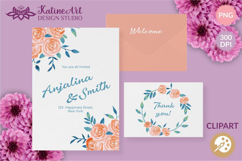 Roses watercolor illustrations peach and navy clipart set. Sublimation KatineArt 