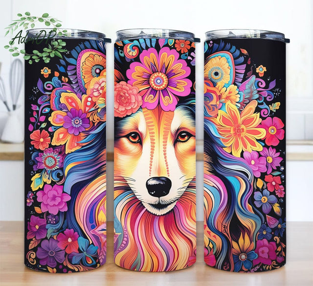 Rough Collie Flowers 20oz Skinny Tumbler Png, Colorful Rough Collie Tumbler, Watercolor Rough Collie Tumbler, Floral Tumbler Png, Dog With Flowers Sublimation AdriOP 
