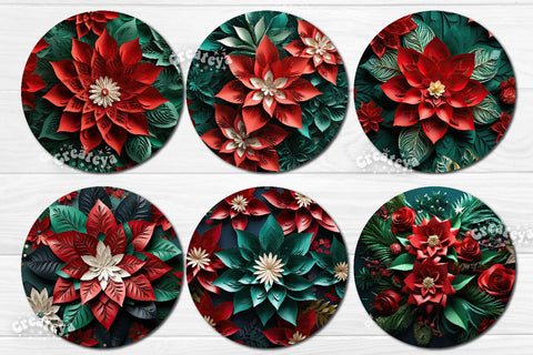 Round 3D Christmas Keychain Bundle Sublimation Christmas Flowers print PNG Poinsettia Sublimation Createya Design 