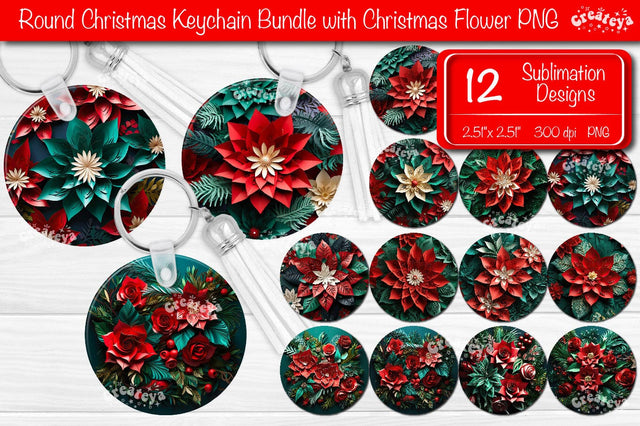 Round 3D Christmas Keychain Bundle Sublimation Christmas Flowers print PNG Poinsettia Sublimation Createya Design 