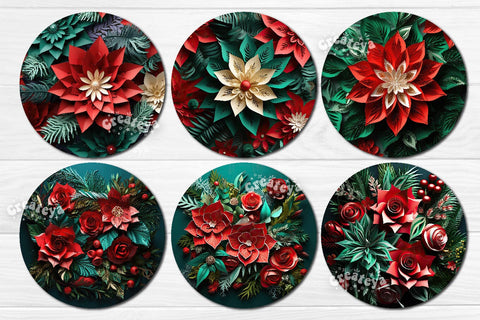 Round 3D Christmas Keychain Bundle Sublimation Christmas Flowers print PNG Poinsettia Sublimation Createya Design 