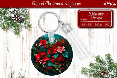 Round 3D Christmas Keychain Sublimation Christmas Flowers print PNG Poinsettia Sublimation Createya Design 