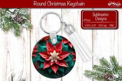Round 3D Christmas Keychain Sublimation Christmas Flowers print PNG Poinsettia Sublimation Createya Design 