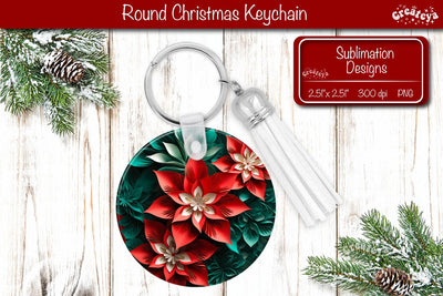 Round 3D Christmas Keychain Sublimation Christmas Flowers print PNG Poinsettia Sublimation Createya Design 