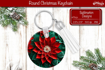 Round 3D Christmas Keychain Sublimation Christmas Flowers print PNG Poinsettia Sublimation Createya Design 