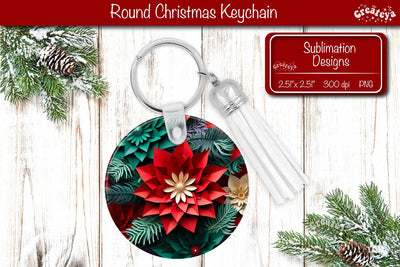Round 3D Christmas Keychain Sublimation Christmas Flowers print PNG Poinsettia Sublimation Createya Design 
