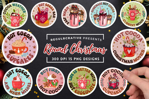 Round Christmas Hot Cocoa Stickers Bundle Sublimation Regulrcrative 