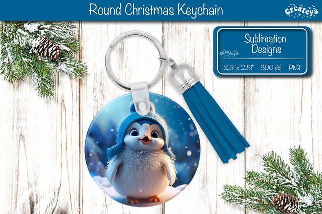 Round Christmas Keychain Sublimation Penguin Christmas Baby Animals print PNG Sublimation Createya Design 