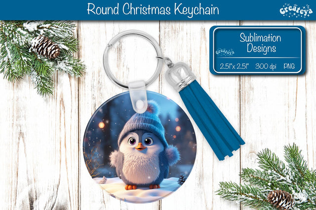 Round Christmas Keychain Sublimation Penguin Christmas Baby Animals print PNG Sublimation Createya Design 