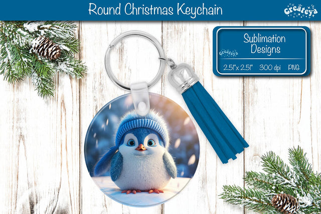 Round Christmas Keychain Sublimation Penguin Christmas Baby Animals print PNG Sublimation Createya Design 