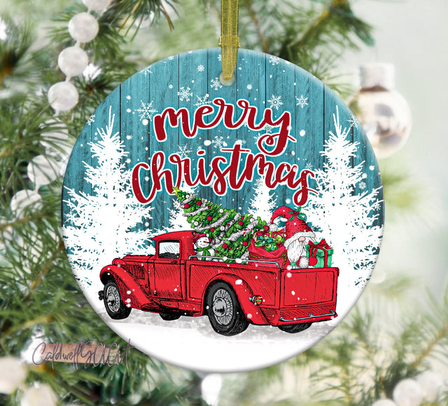 Round Christmas Ornament Sublimation Design Farmhouse Red Truck Merry Christmas Png Digital Download Sublimation CaldwellArt 