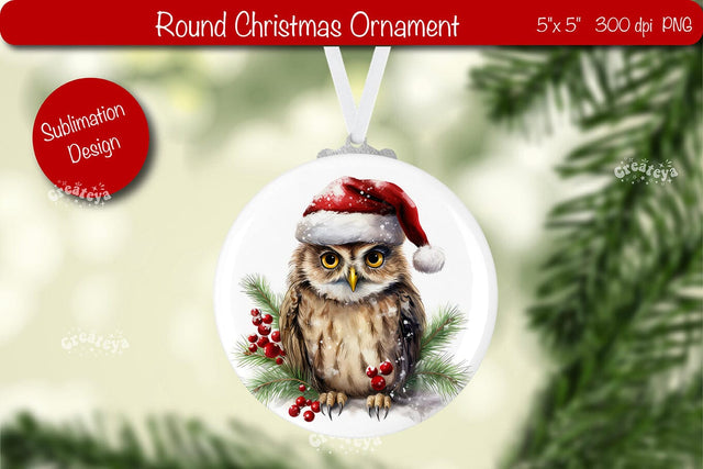 Round Christmas ornament Sublimation Watercolor Owl PNG Sublimation Createya Design 