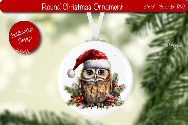 Round Christmas ornament Sublimation Watercolor Owl PNG Sublimation Createya Design 