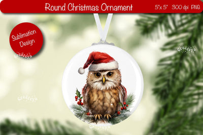 Round Christmas ornament Sublimation Watercolor Owl PNG Sublimation Createya Design 