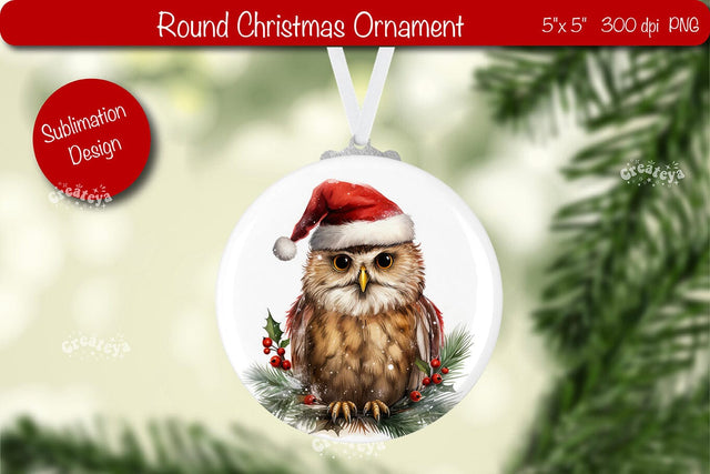 Round Christmas ornament Sublimation Watercolor Owl PNG Sublimation Createya Design 