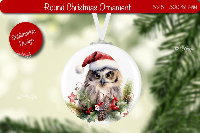 Round Christmas ornament Sublimation Watercolor Owl PNG Sublimation Createya Design 