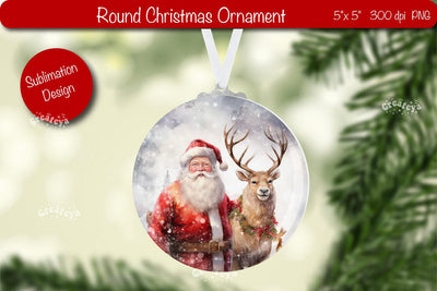 Round Christmas ornament Sublimation Watercolor Santa PNG Sublimation Createya Design 