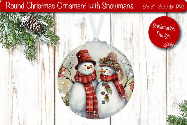 Round Christmas ornament Sublimation Watercolor Snowman PNG Sublimation Createya Design 
