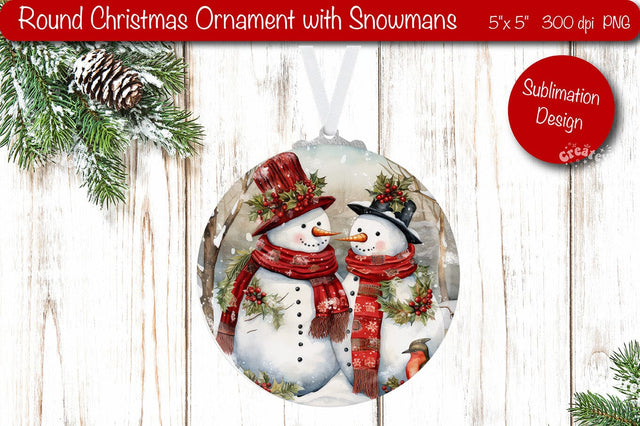 Round Christmas ornament Sublimation Watercolor Snowman PNG Sublimation Createya Design 