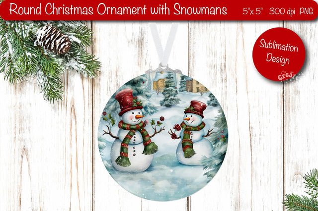 Round Christmas ornament Sublimation Watercolor Snowman PNG Sublimation Createya Design 
