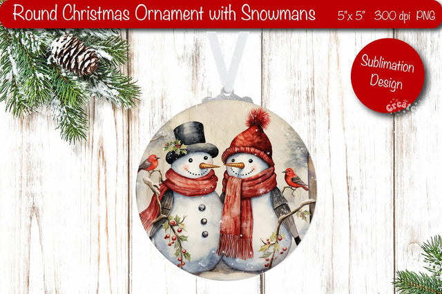 Round Christmas ornament Sublimation Watercolor Snowman PNG Sublimation Createya Design 